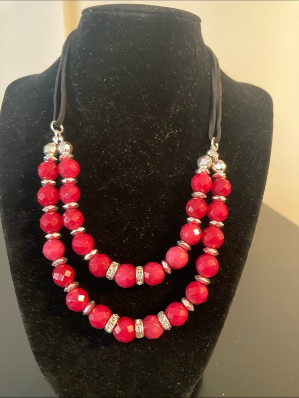 White House Black Market Red Double-Strand Beaded Necklace with Silver Accents